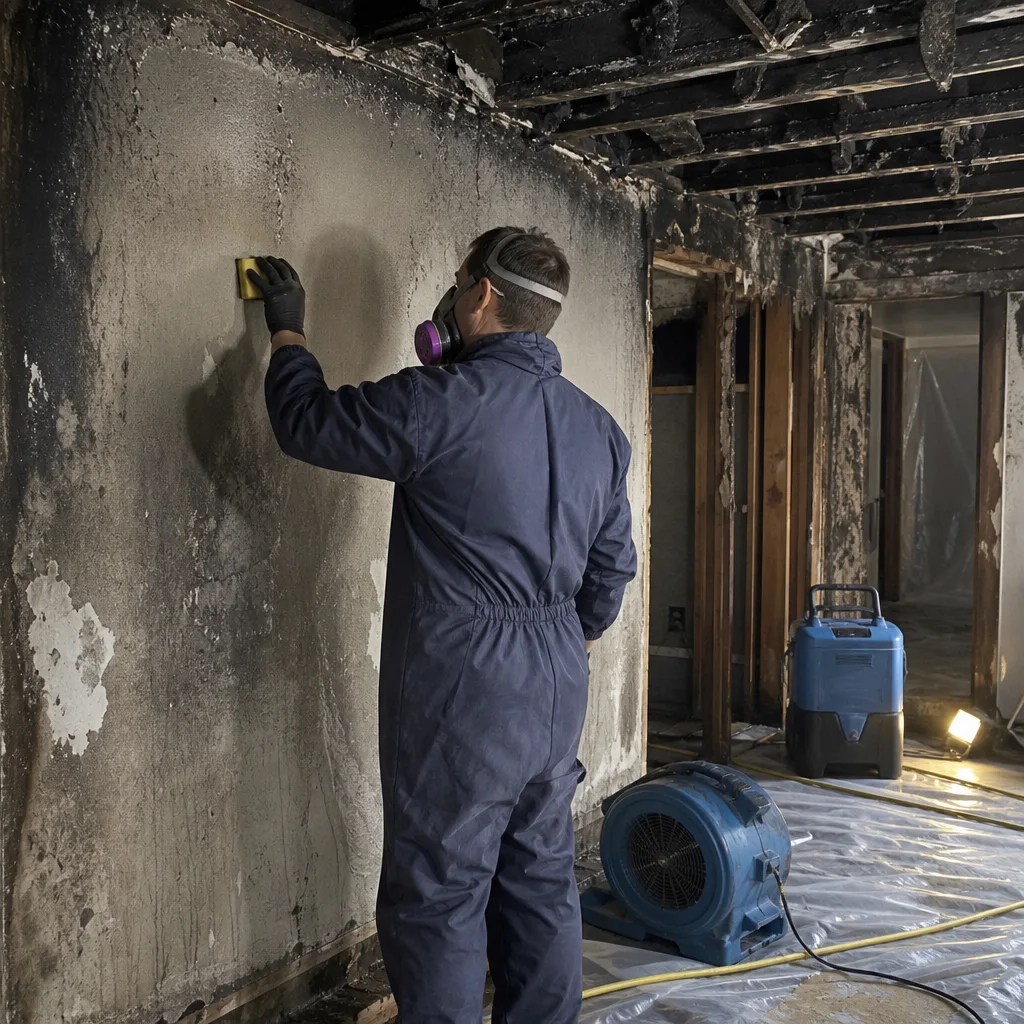 Restoration specialist cleaning soot and fire-damaged walls in a residential room