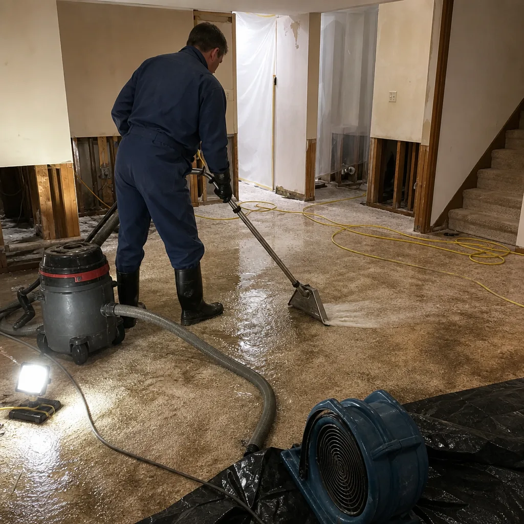 Water damage restoration professional extracting flood water from a basement floor