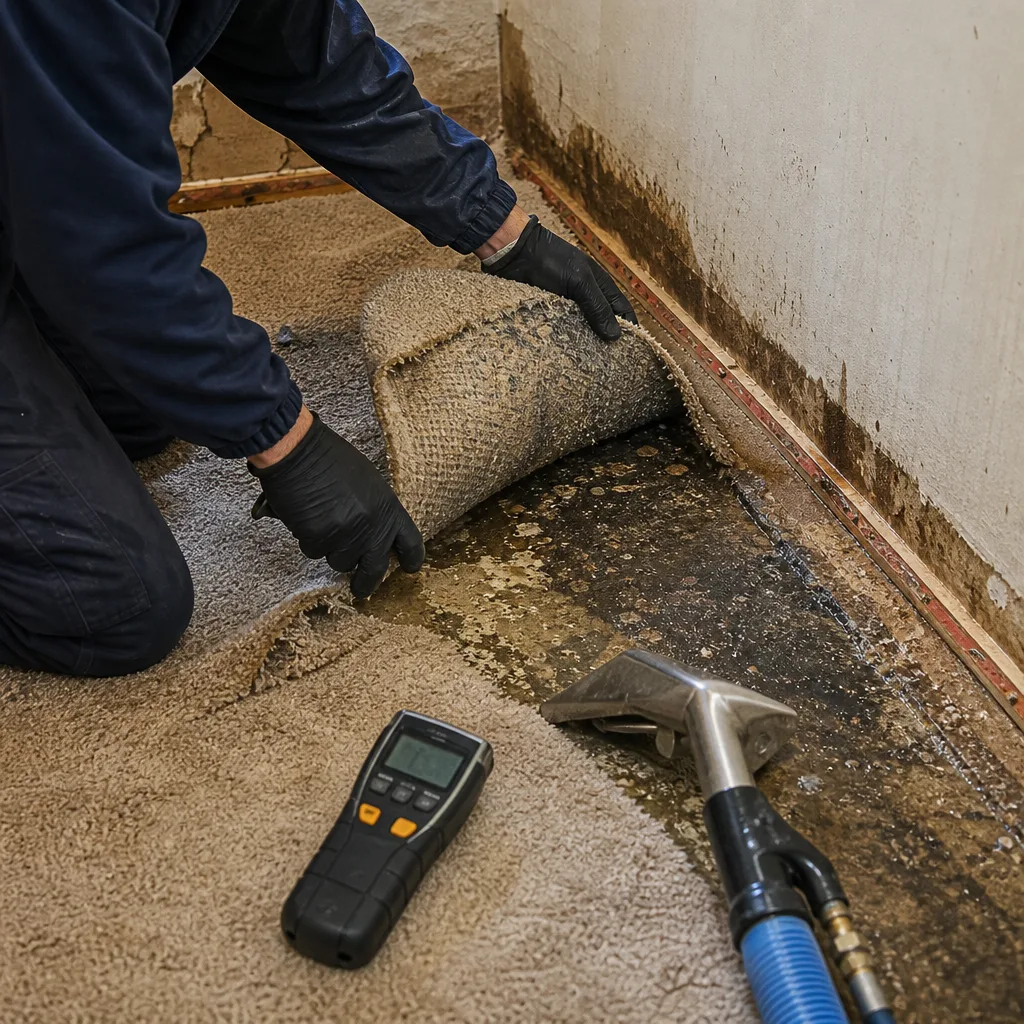 Water damage restoration technician inspecting subfloor moisture under wet carpet